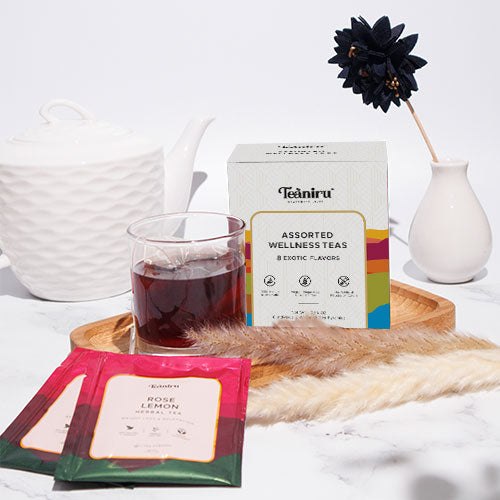 A cup of tea and a sampler rose lemon herbal tea